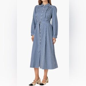 English Factory Stripe Belted Shirt Dress Medium Blue White Midi NWOT $140